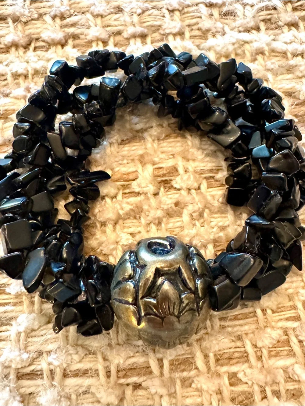 Vintage Black Onyx Chip Bracelet Engraved Floral Metal Bead Whimsy goth Chunky
